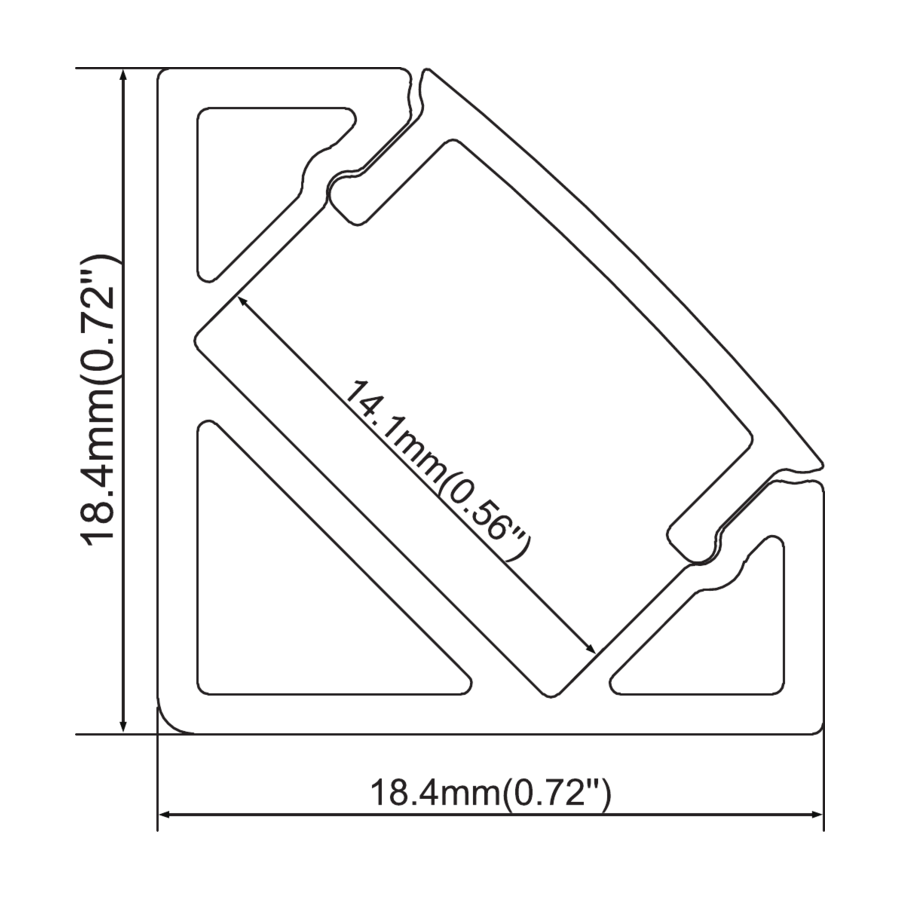 Sezione quotata — Triangolare 18,4 × 18,4 mm — faccia diagonale 14,1 mm