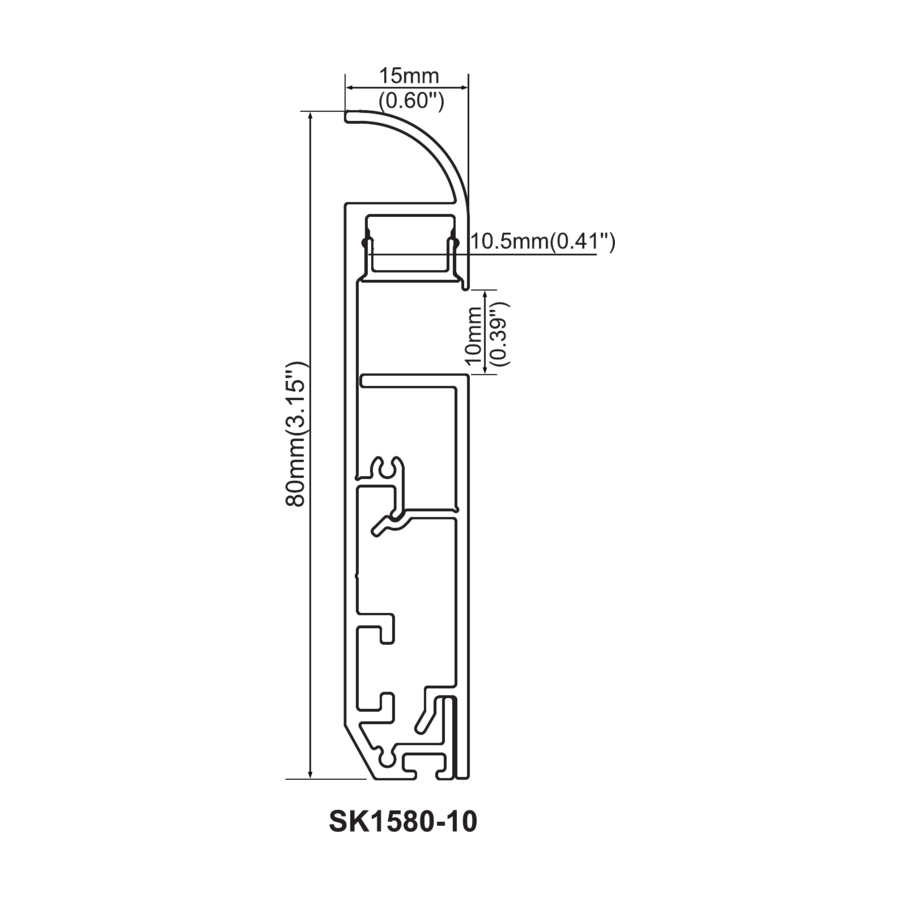 Sezione quotata — Battiscopa 15 × 80 mm — canale interno 10,5 mm
