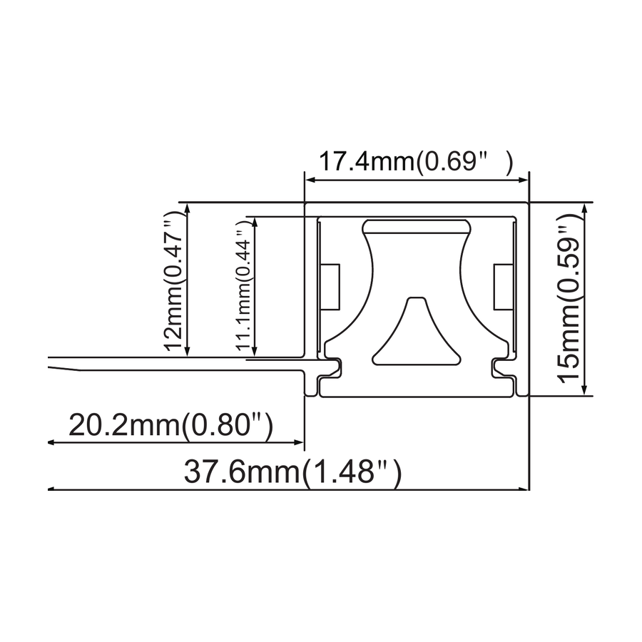 Sezione quotata — Curvabile da intonaco 37,6 × 15 mm — canale interno 11,1 mm