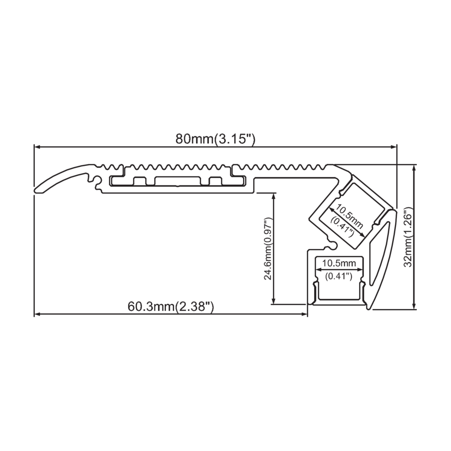 Sezione quotata — Nosing 80 × 32 mm con inserto antiscivolo — canale 10,6 mm