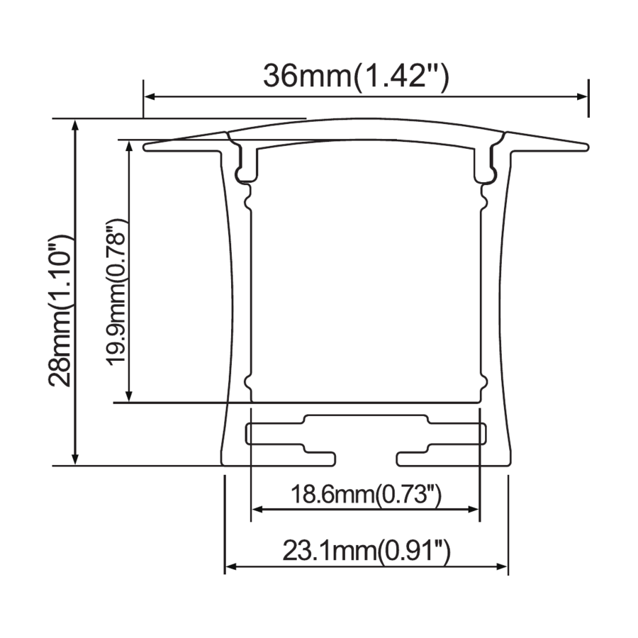 Sezione quotata — Flangia 36 mm — vano 23,1 × 19,9 mm, canale interno 18,6 mm