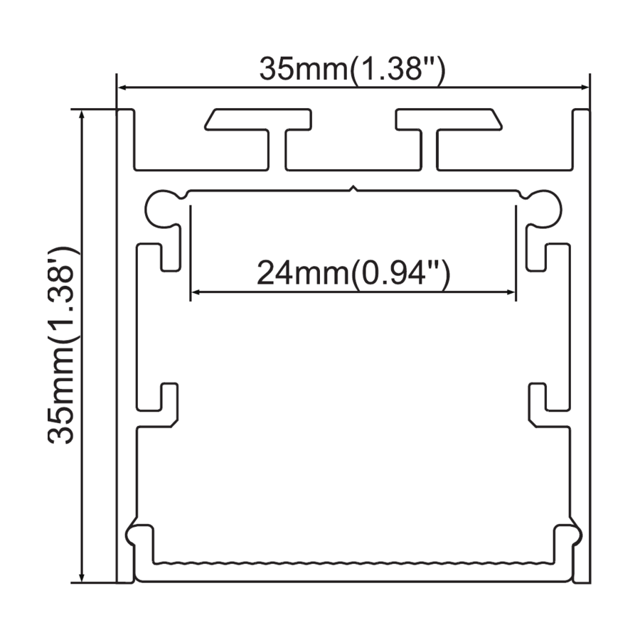 Sezione quotata — Quadrato 35 × 35 mm — canale interno 24 mm