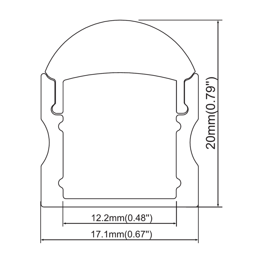 Sezione quotata — Cover a cupola 17,1 × 20 mm — canale interno 12,2 mm
