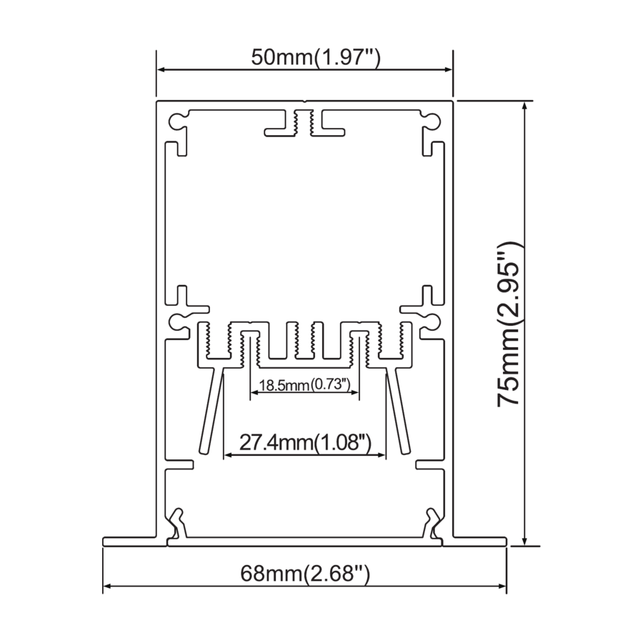Sezione quotata — Corpo grande 68 × 75 mm — canale interno 27,4 mm