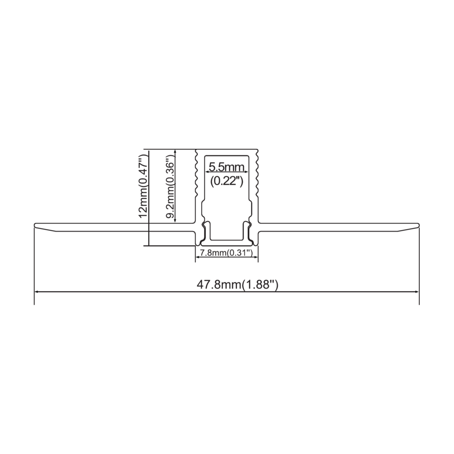 Sezione quotata — Fessura stretta 47,8 × 12 mm — apertura a vista 5,5 mm