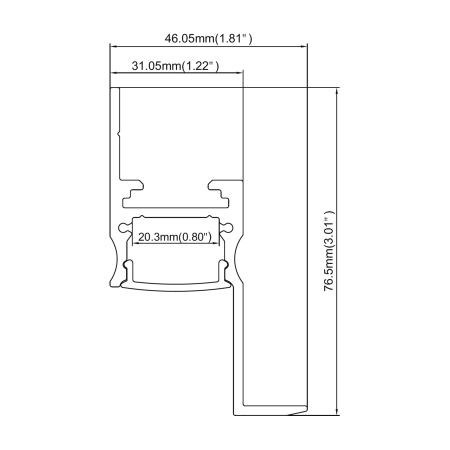 Sezione quotata — Trimless profondo da parete 46 × 76,5 mm — apertura 31 mm