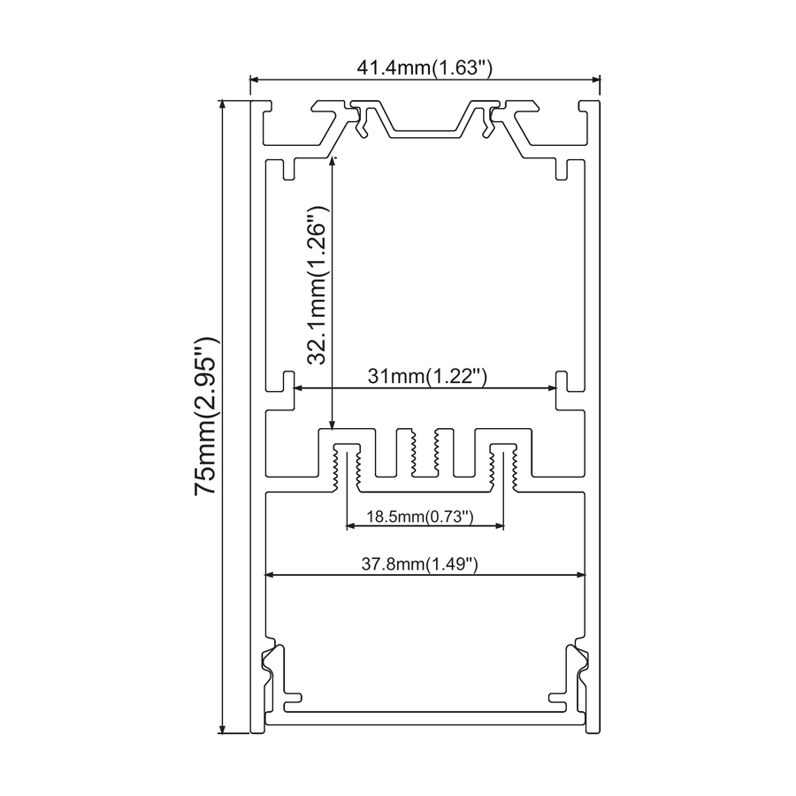 Sezione quotata — Sospensione 41,4 × 75 mm — canale interno 31 mm, ottica intercambiabile